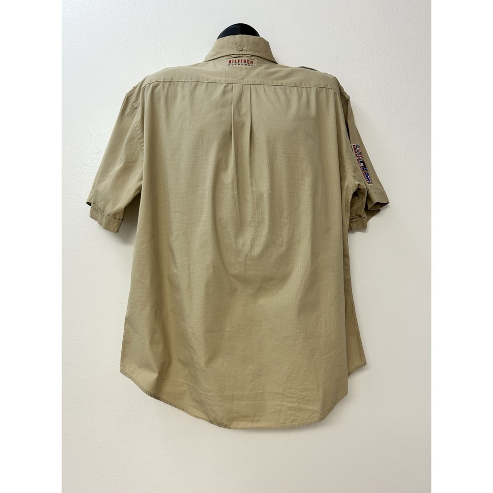 Vintage Tommy Hilfiger Shirt Men XL Tan Button Up Safari Patch Work - Picture 2 of 10